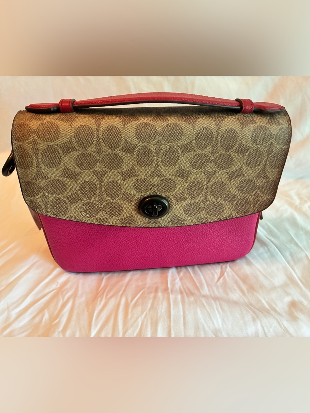 Coach Brown Signature Canvas Shoulder Bag with Pink Leather Trim